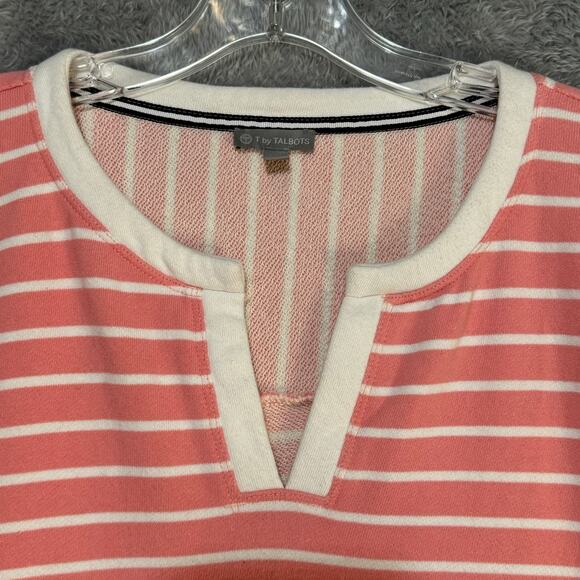 T by Talbots Pullover Split Neck Striped Kangaroo Pocket Top Women Lp Pink White - Picture 2 of 9